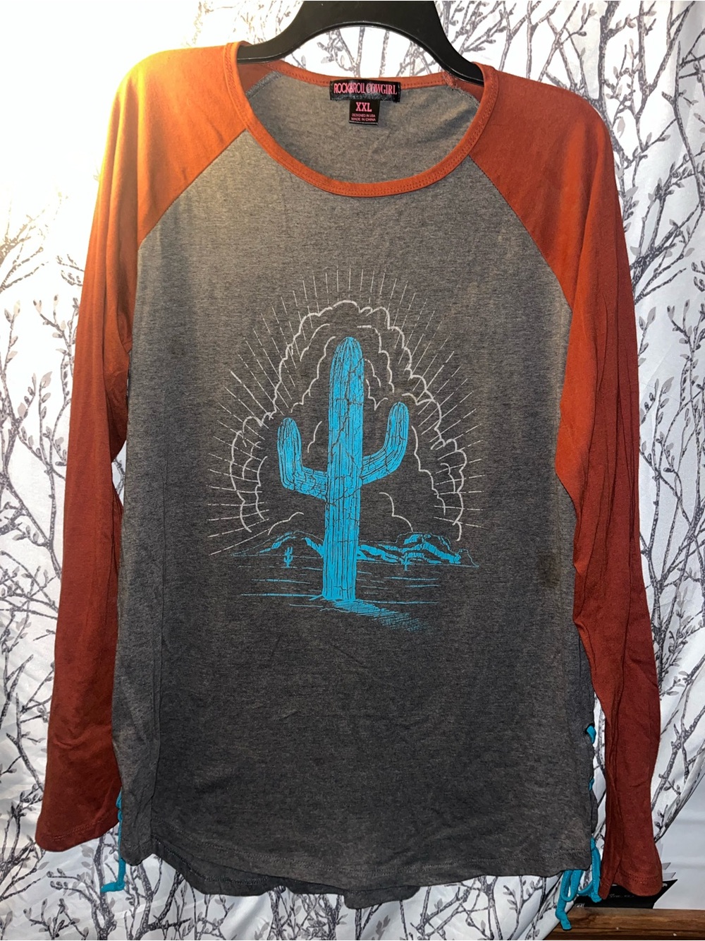 Rock & Roll Cowgirl Grey & Rust Orange Raglan Tee with Turquoise Cactus